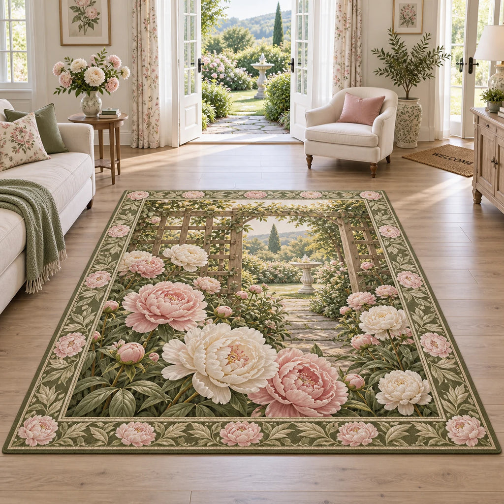 Complete rectangular rug with peony-and-leaf border, large blush and ivory flowers, trellis and garden fountain.