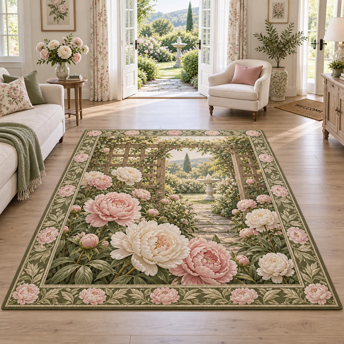 Complete rectangular rug with peony-and-leaf border, large blush and ivory flowers, trellis and garden fountain.