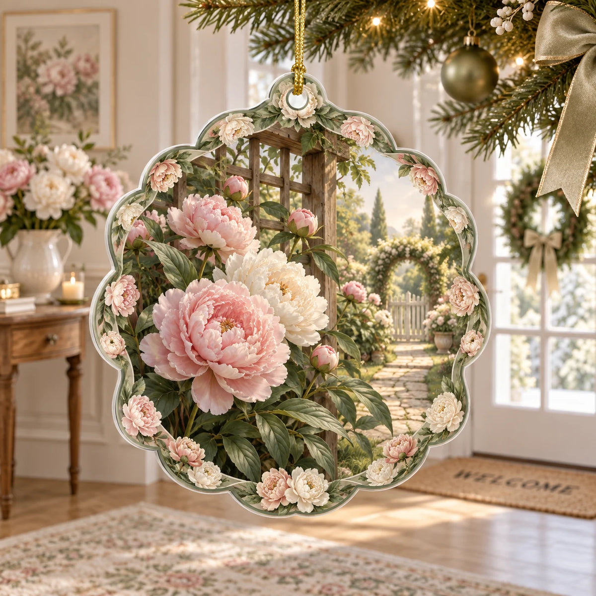 Complete acrylic ornament with supported gold cord, clear rim and scalloped peony edge around a sunny garden scene.