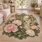 Complete custom leafy outline around large peonies, a wooden trellis and receding garden gate.