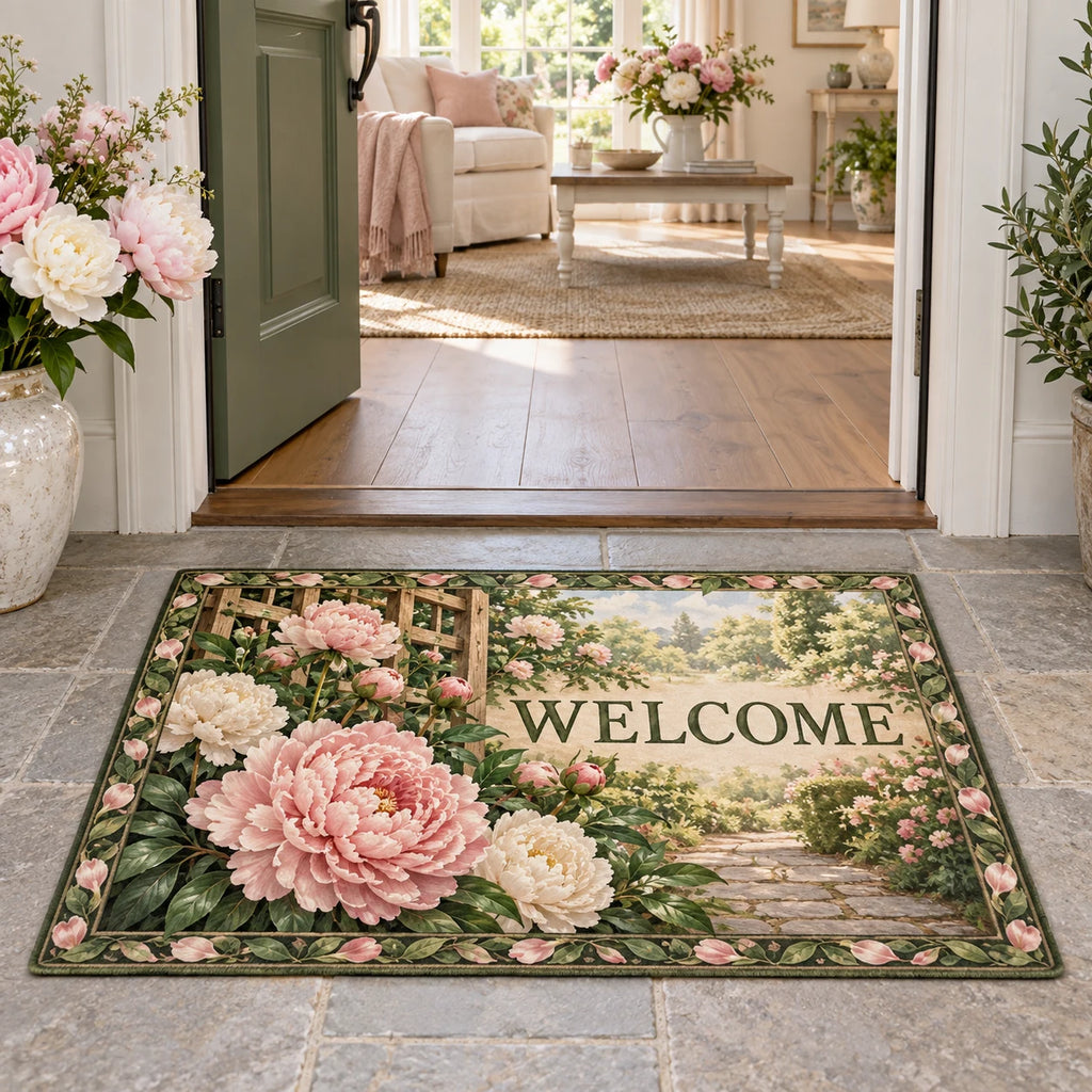 Complete doormat with correct WELCOME, blush and ivory peonies, garden path and bud-and-leaf border.