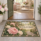 Complete doormat with correct WELCOME, blush and ivory peonies, garden path and bud-and-leaf border.