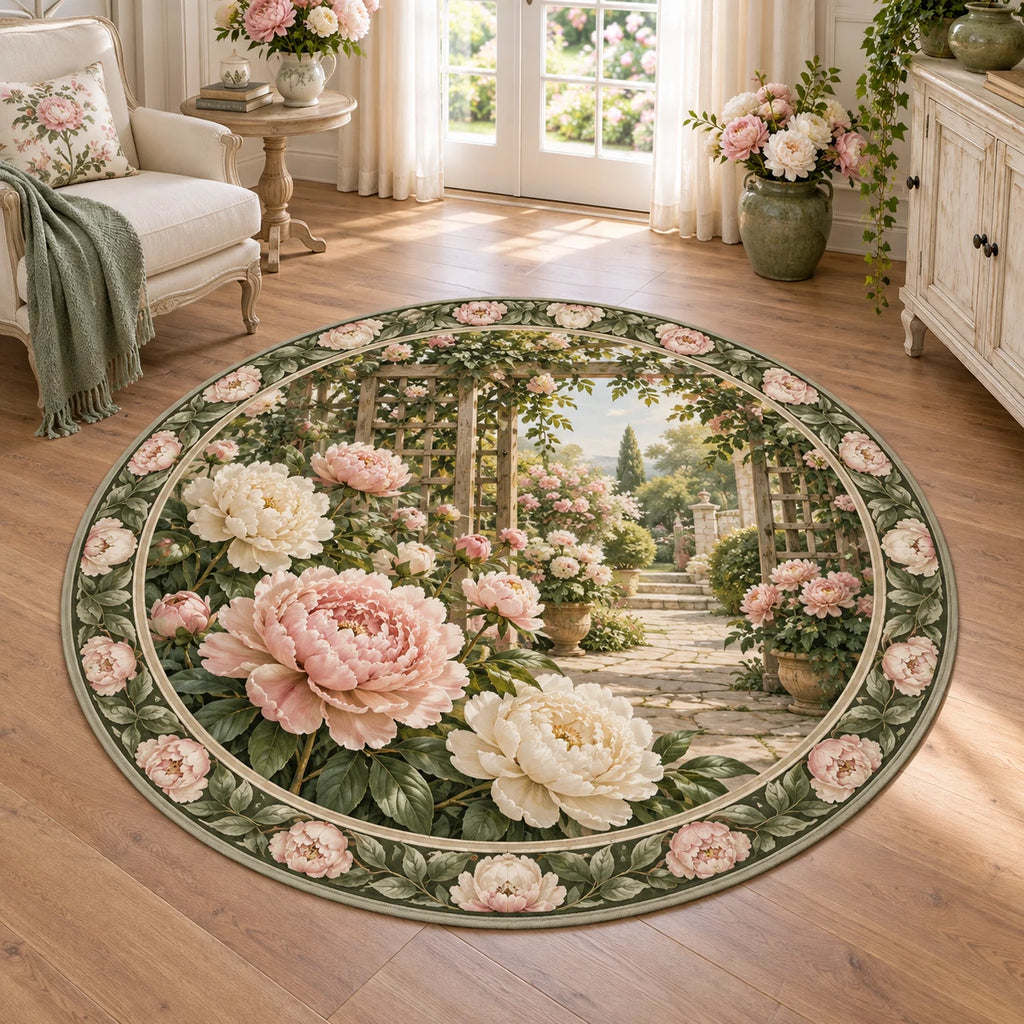 Complete round rug with blush-and-ivory peony ring; ruffled blooms overlap a trellis and receding garden path.