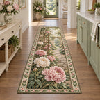Complete runner with peony border and large ruffled blooms beside a path through wooden garden trellises.
