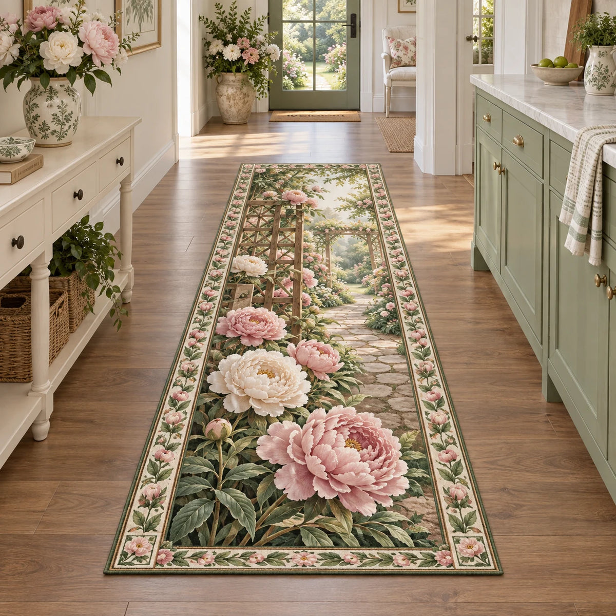 Complete runner with peony border and large ruffled blooms beside a path through wooden garden trellises.