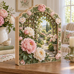 Complete three-panel tabletop wood block with two contour joins, continuous peony garden print and scalloped floral border.