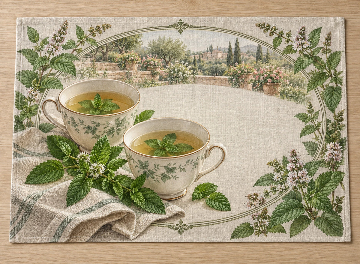 Peppermint Tea for Two Placemat with flat printed dimensional tea artwork
