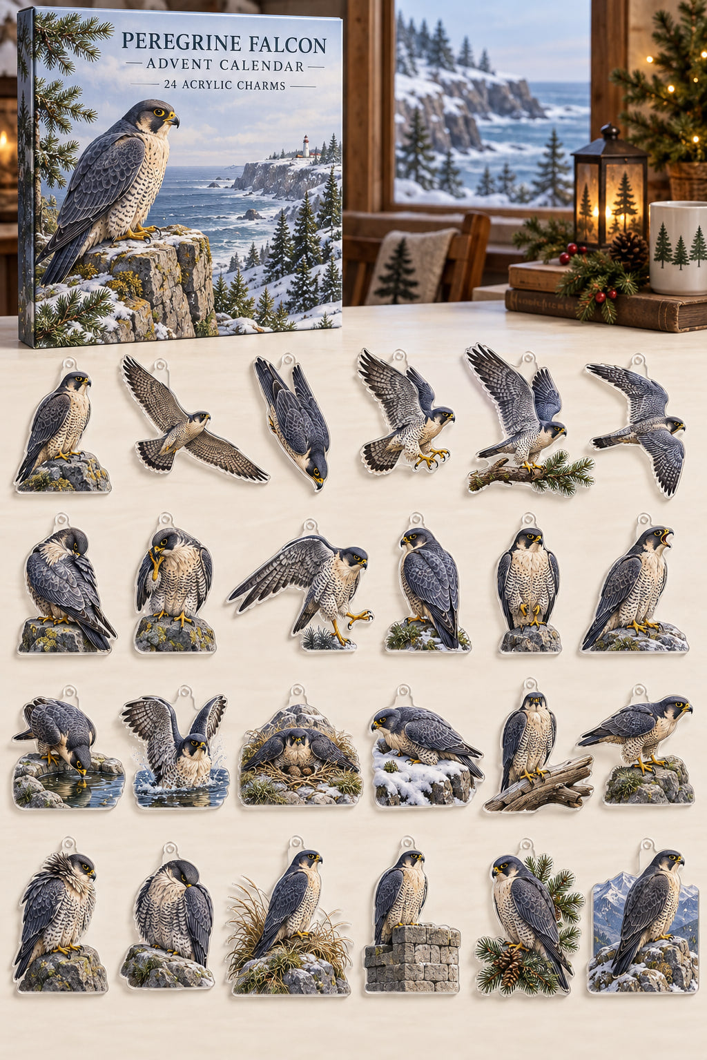 Peregrine falcon advent calendar with24 distinct flat custom-shaped acrylic bird charms