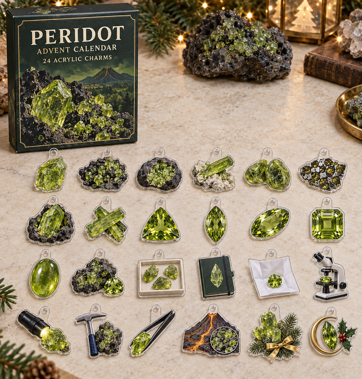 Peridot advent calendar with 24 custom-shaped flat acrylic charms and printed dimensional artwork