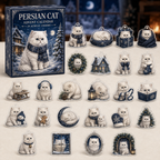 Persian Cat advent calendar box and full set of 24 illustrated acrylic charms on a light tabletop