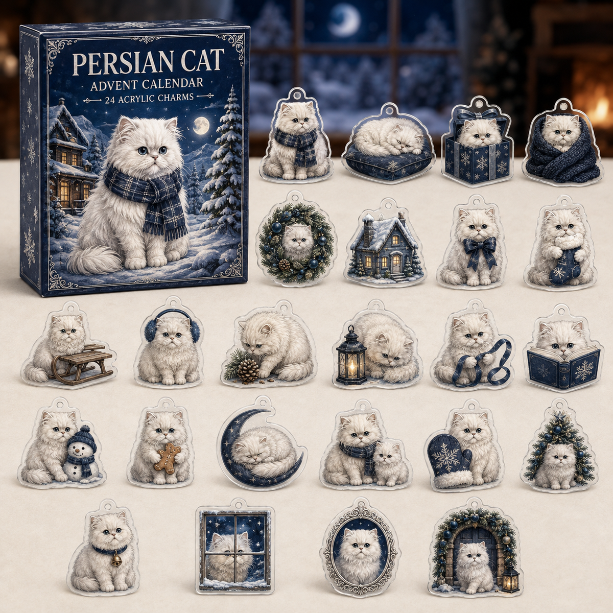 Persian Cat advent calendar box and full set of 24 illustrated acrylic charms on a light tabletop