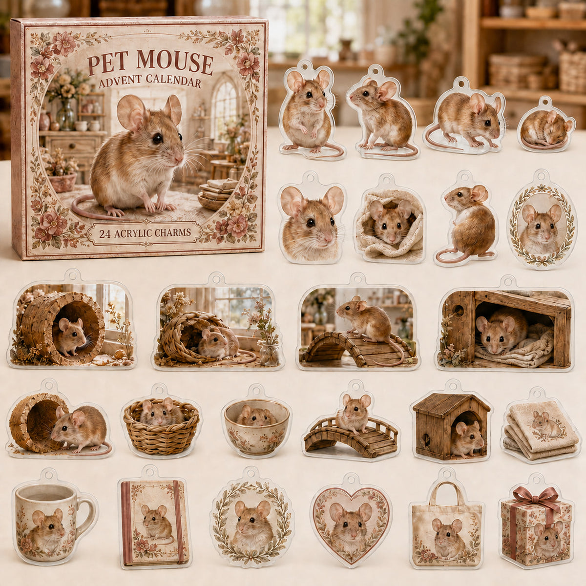 Pet Mouse advent calendar box with 24 themed flat printed acrylic charms