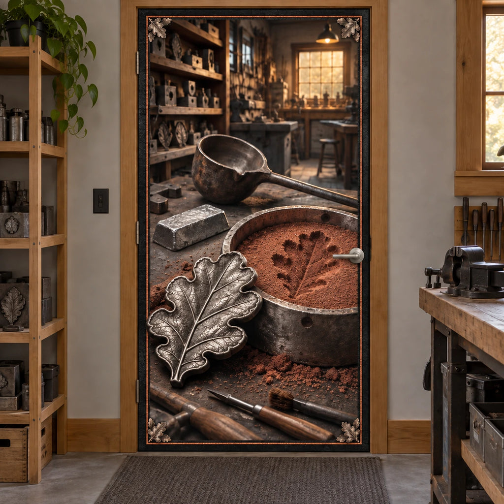 Pewter Casting Workshop Fabric Door Cover with original printed optical 3D artwork