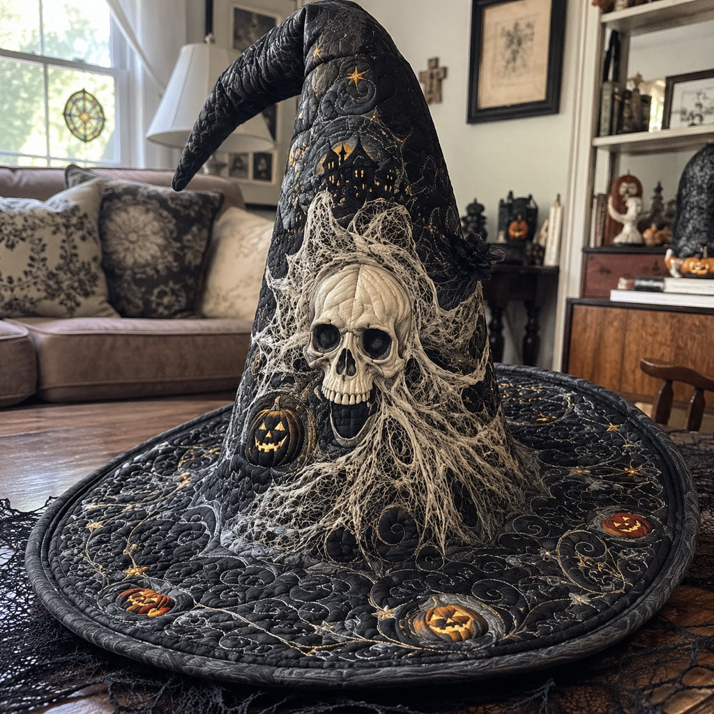 Phantom Skull quilted witch hat, all-over print on cone and brim