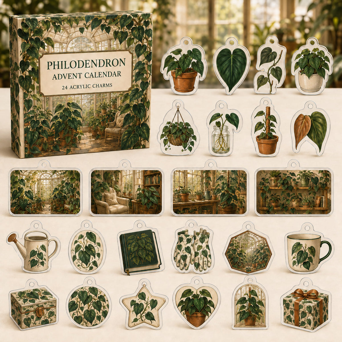 Philodendron advent calendar box and 24 botanical-themed printed acrylic charms