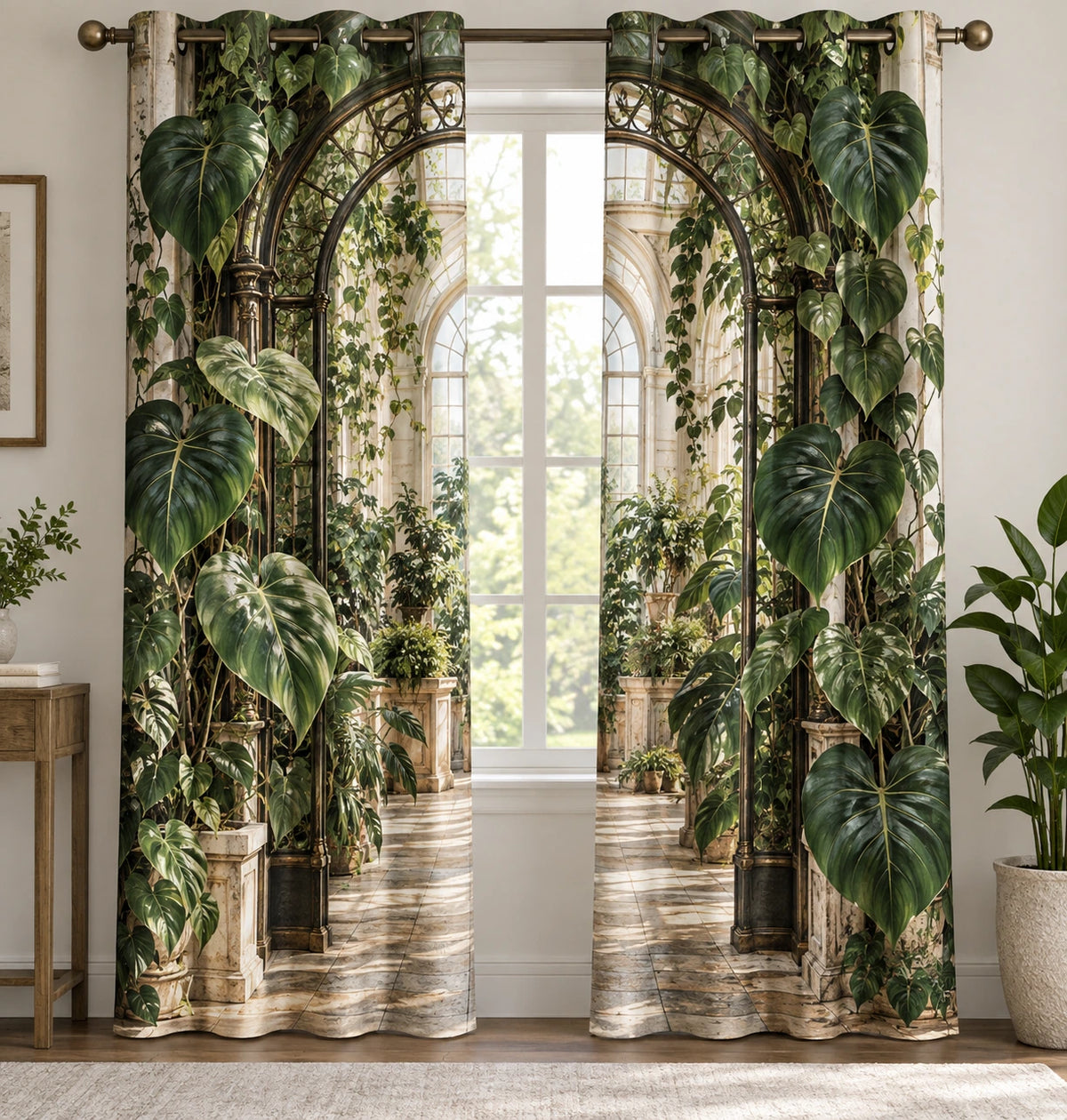 Philodendron Arched Greenhouse Window Curtains with printed dimensional artwork