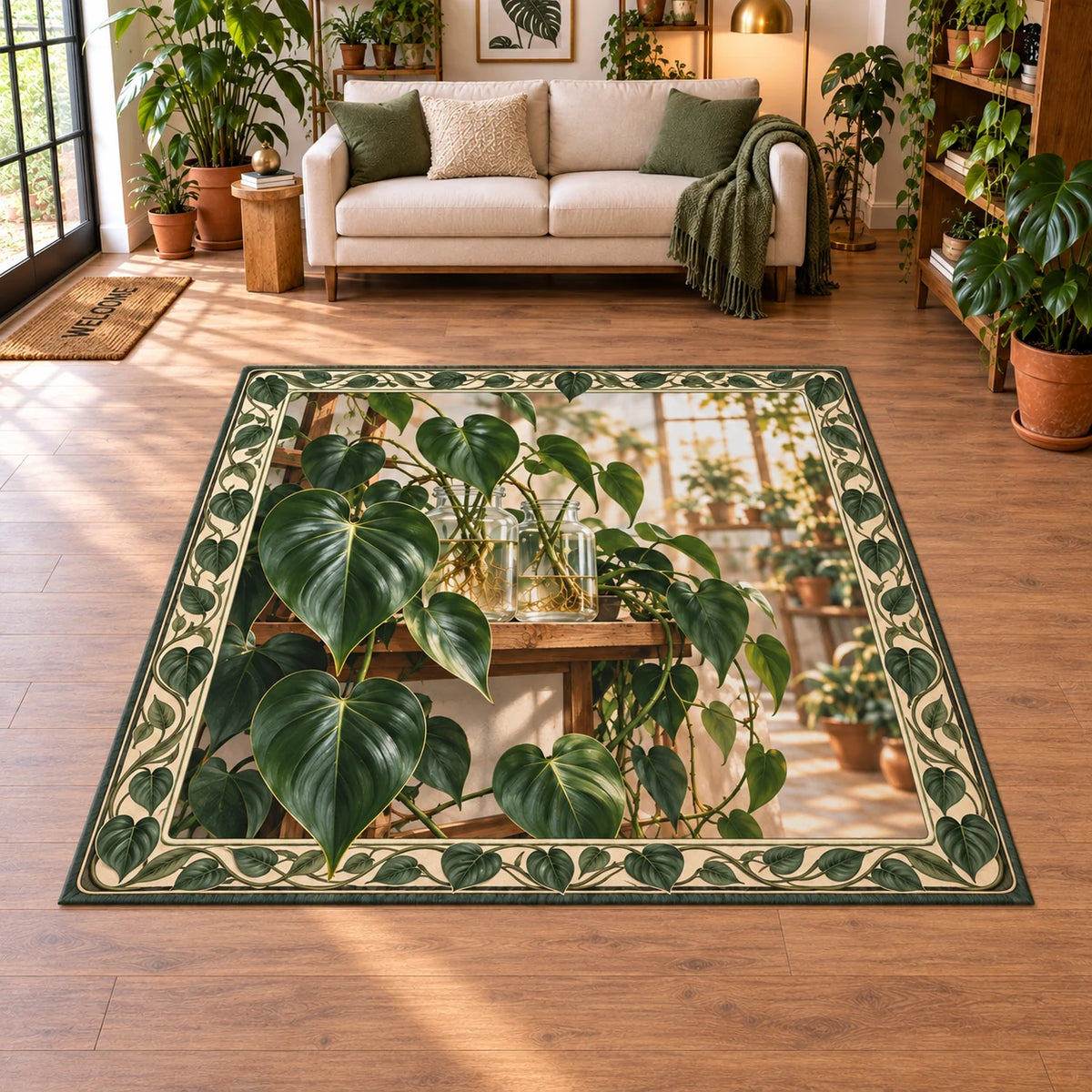 Philodendron area rug with green heart leaves, rooted glass jars, wood shelf and botanical border in a plant-filled room.