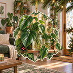 Philodendron christmas ornament with green heart leaves, rooted glass jars, wood shelf and botanical border in a plant-filled room.