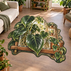 Philodendron custom shape area rug with green heart leaves, rooted glass jars, wood shelf and botanical border in a plant-filled room.