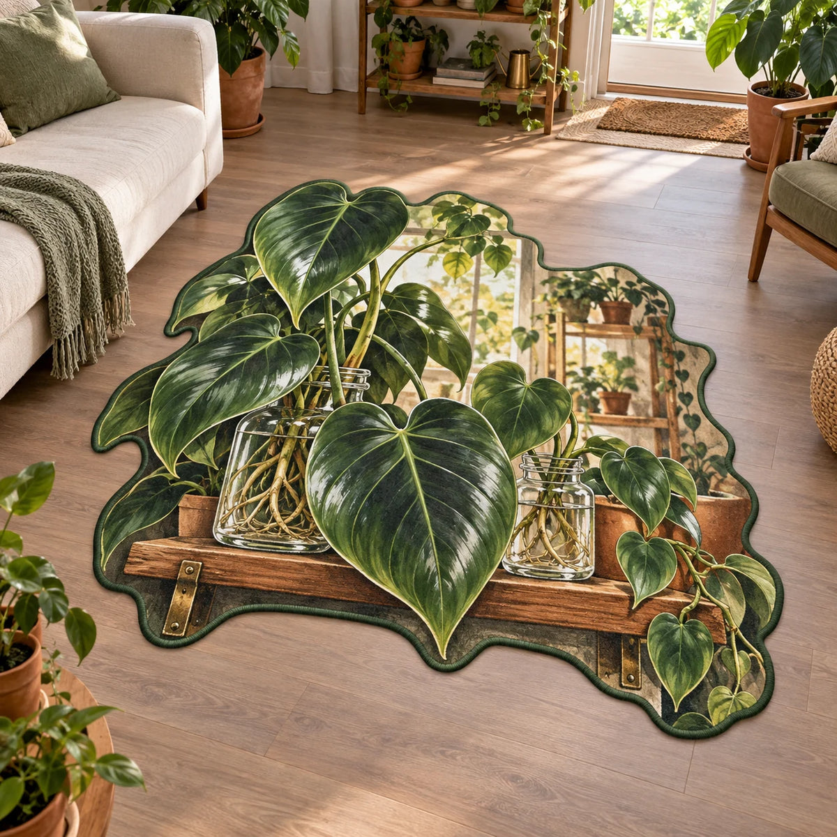 Philodendron custom shape area rug with green heart leaves, rooted glass jars, wood shelf and botanical border in a plant-filled room.