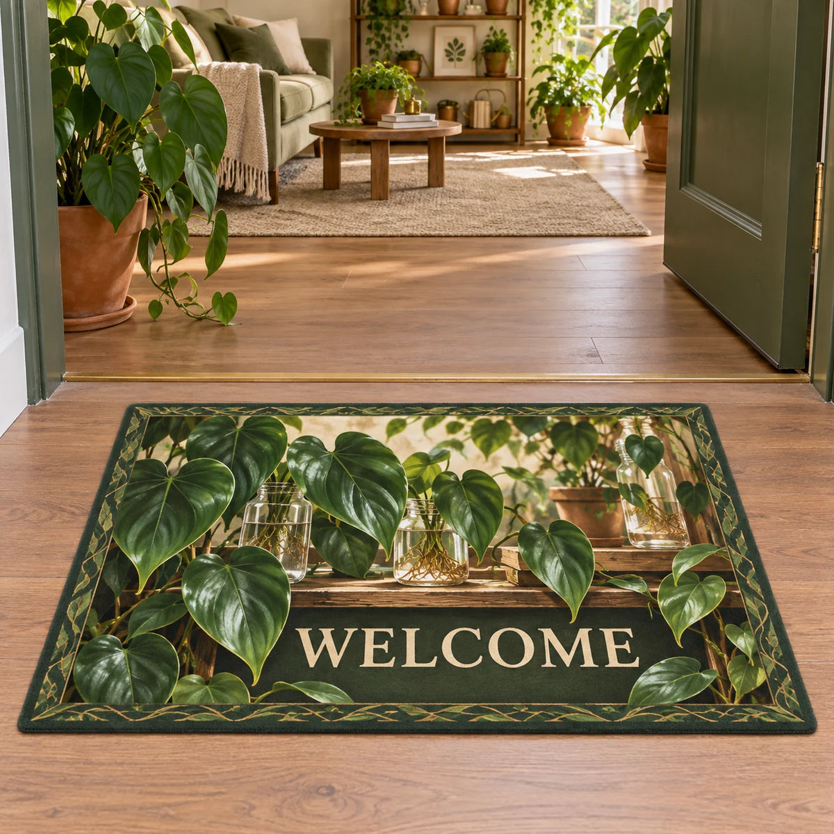 Philodendron doormat with green heart leaves, rooted glass jars, wood shelf and botanical border in a plant-filled room.