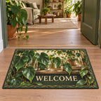 Philodendron doormat with green heart leaves, rooted glass jars, wood shelf and botanical border in a plant-filled room.