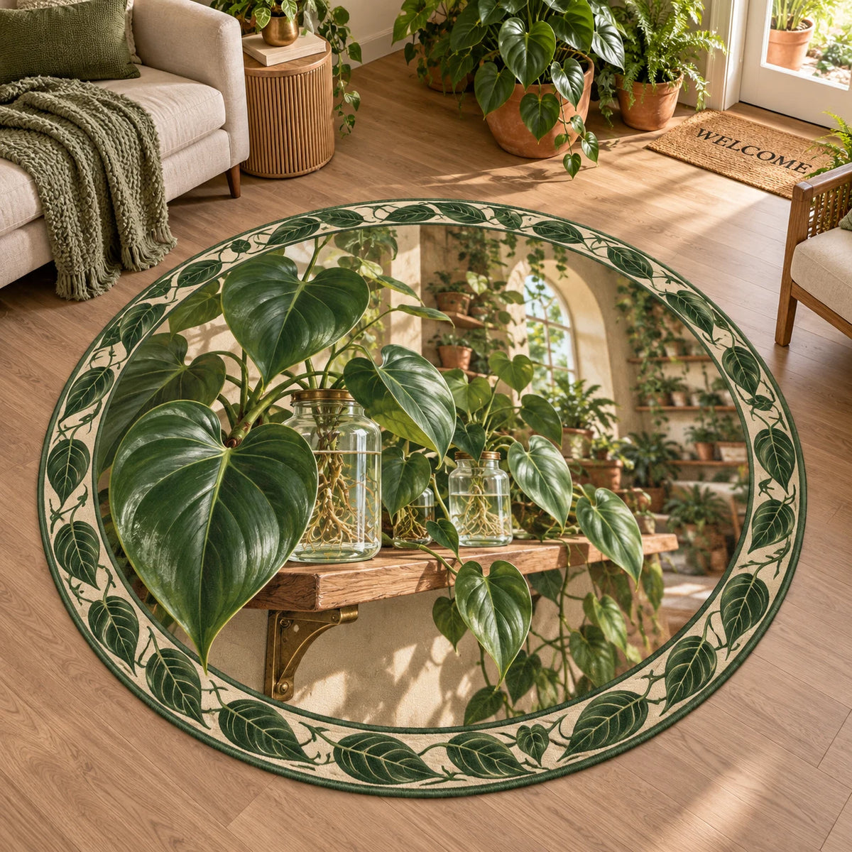 Philodendron round mat rug with green heart leaves, rooted glass jars, wood shelf and botanical border in a plant-filled room.