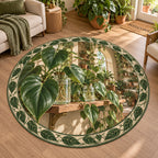 Philodendron round mat rug with green heart leaves, rooted glass jars, wood shelf and botanical border in a plant-filled room.