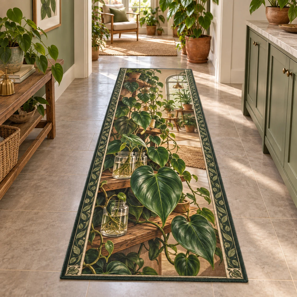 Philodendron runner rug with green heart leaves, rooted glass jars, wood shelf and botanical border in a plant-filled room.