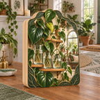 Philodendron wooden block with green heart leaves, rooted glass jars, wood shelf and botanical border in a plant-filled room.