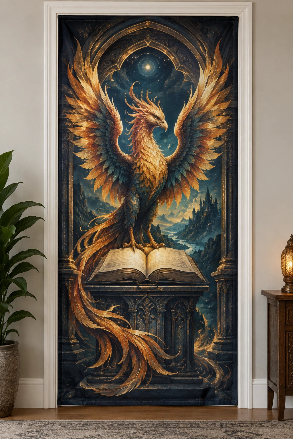 Phoenix Ancient Library Fabric Door Cover with printed dimensional artwork