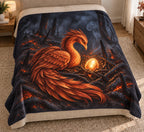 Phoenix Ember Renewal Fleece Throw Blanket with printed layered feathers and luminous egg depth