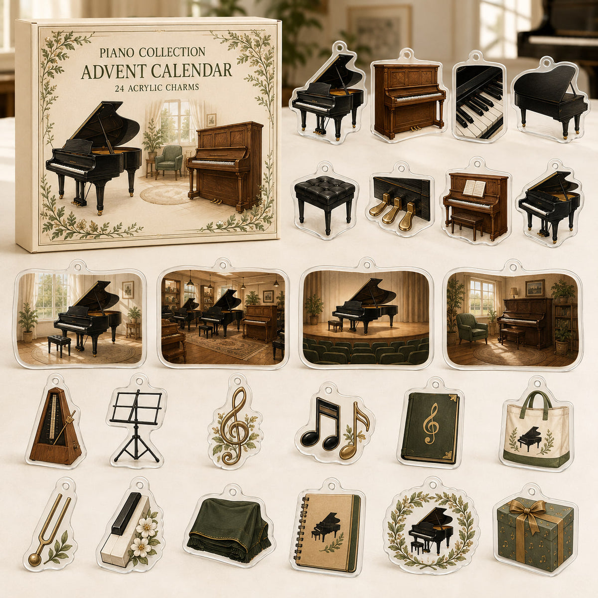Piano advent calendar box with 24 printed acrylic musical charms