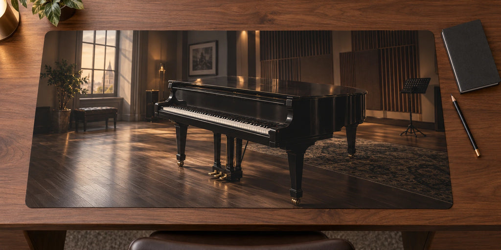 Grand piano rehearsal studio printed optical-depth design on a flat desk mat.