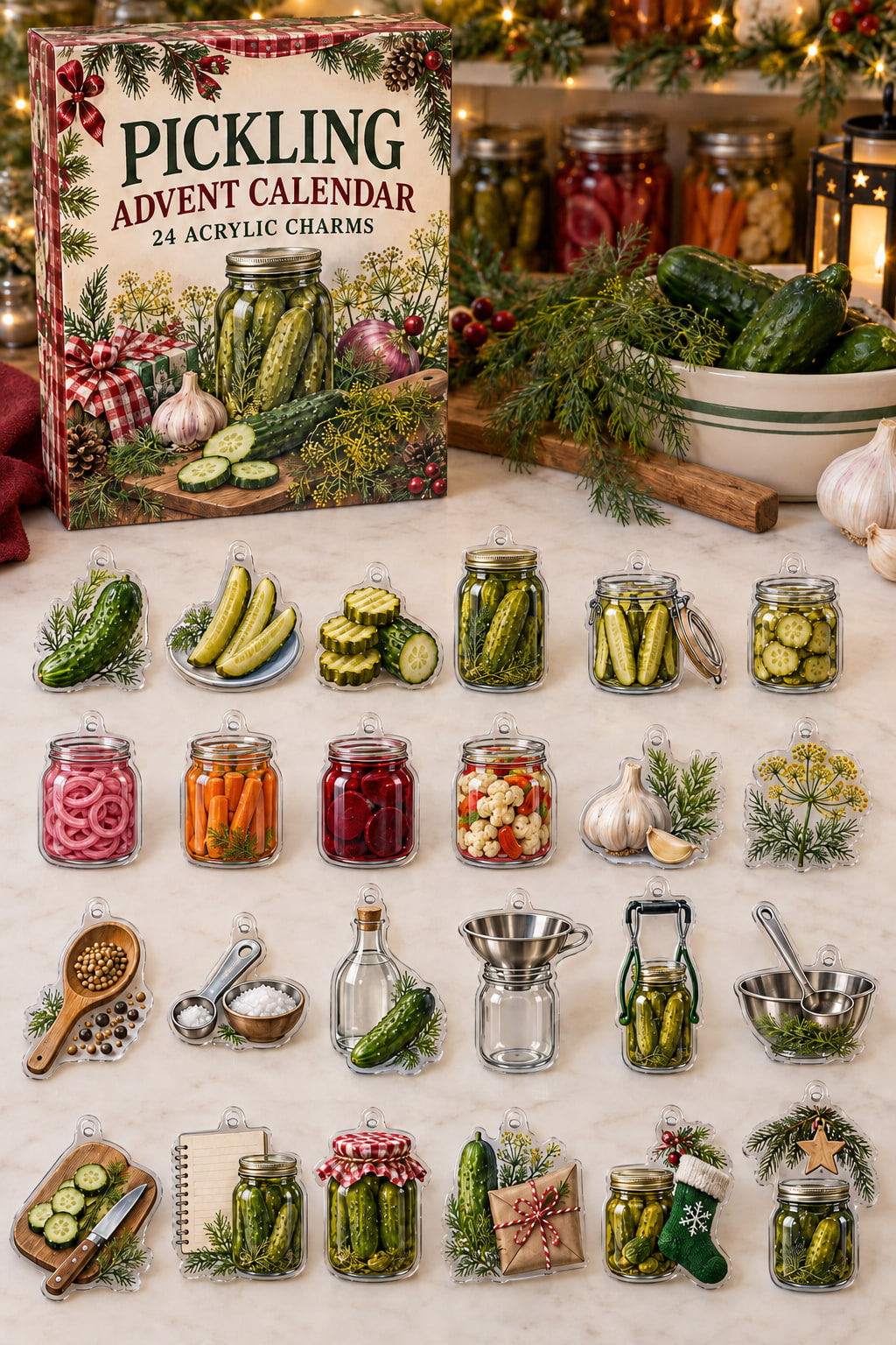 Pickling advent calendar with 24 custom-shaped flat acrylic charms and printed dimensional artwork