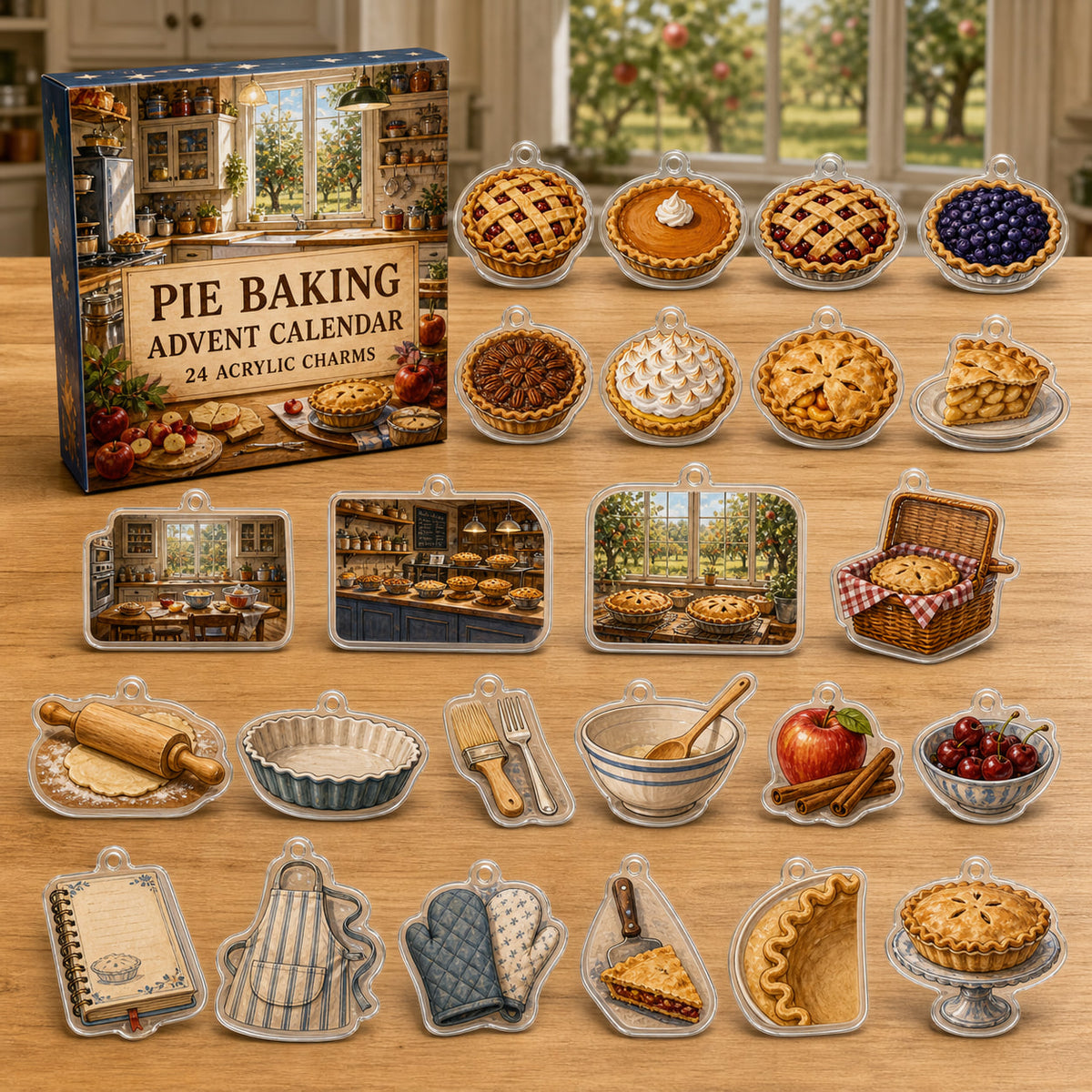 Pie Baking advent calendar box and 24 decorative printed acrylic charms, not food