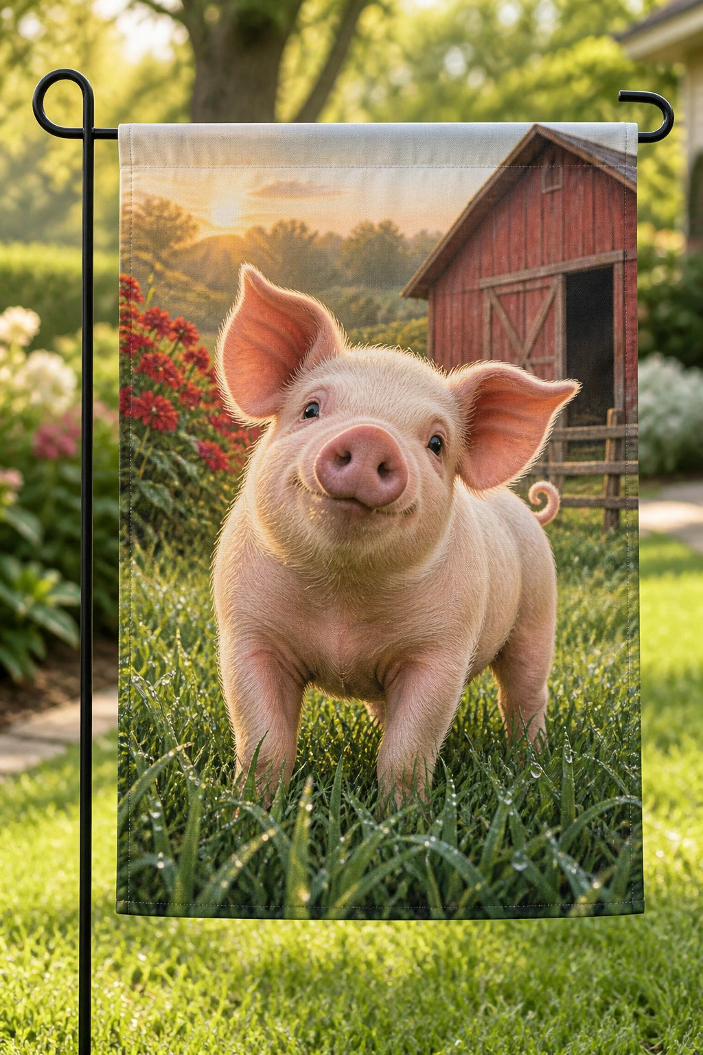 Pig Meadow Morning Garden Flag with printed dimensional artwork