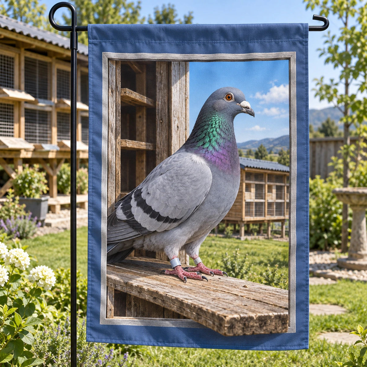 Pigeon Racing Loft Garden Flag with original printed optical 3D artwork