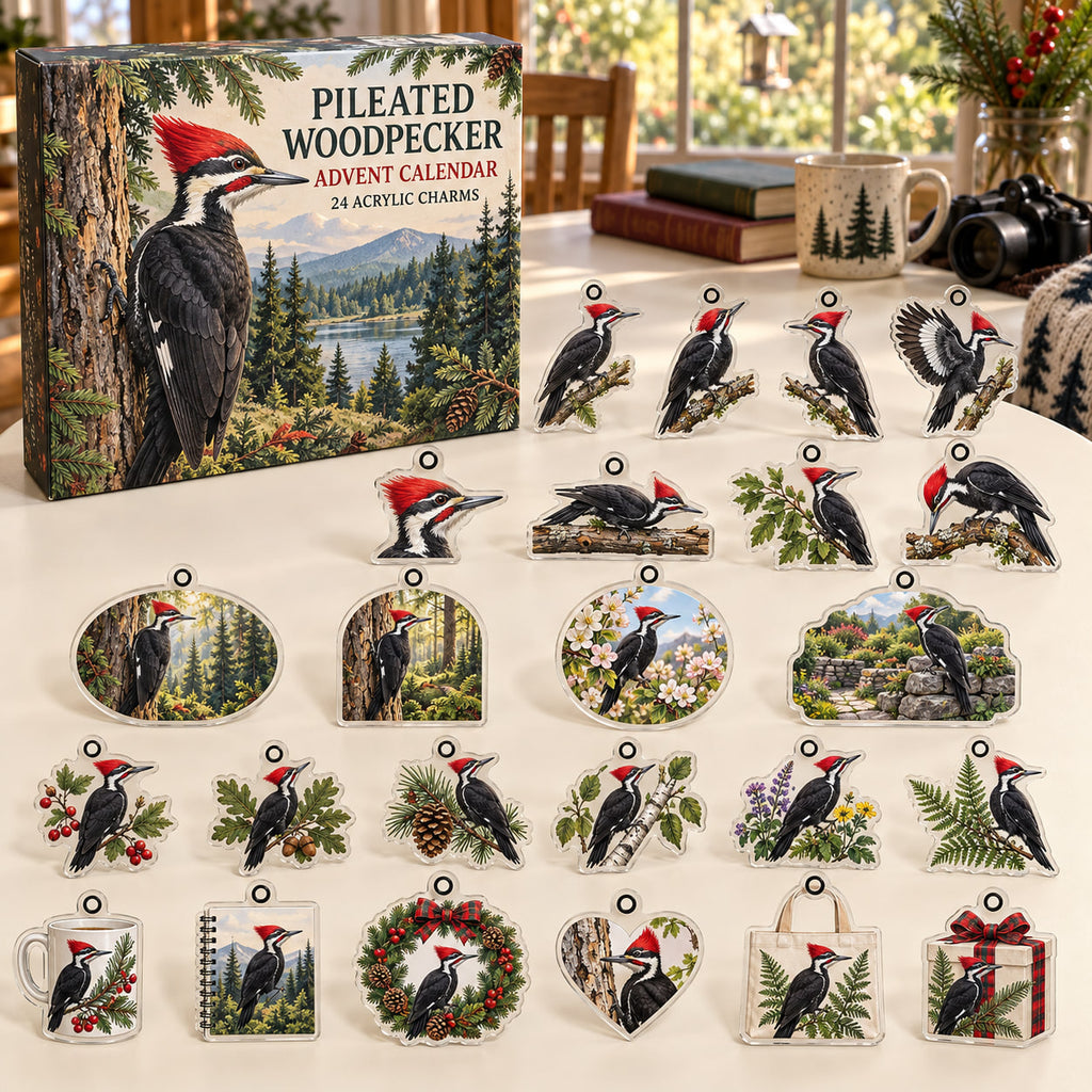 Pileated Woodpecker advent calendar box with 24 themed flat printed acrylic charms