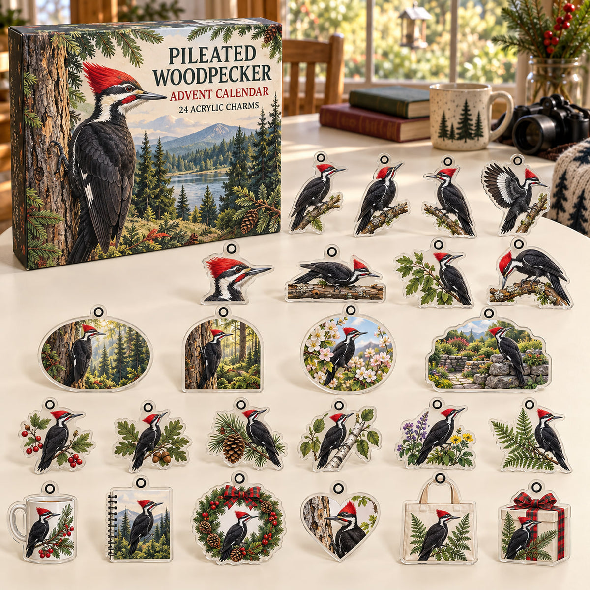 Pileated Woodpecker advent calendar box with 24 themed flat printed acrylic charms