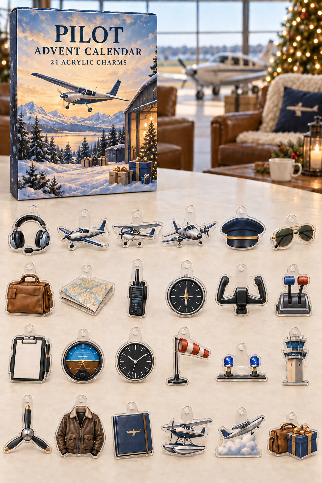 Pilot advent calendar with 24 custom-shaped flat acrylic charms and printed dimensional artwork