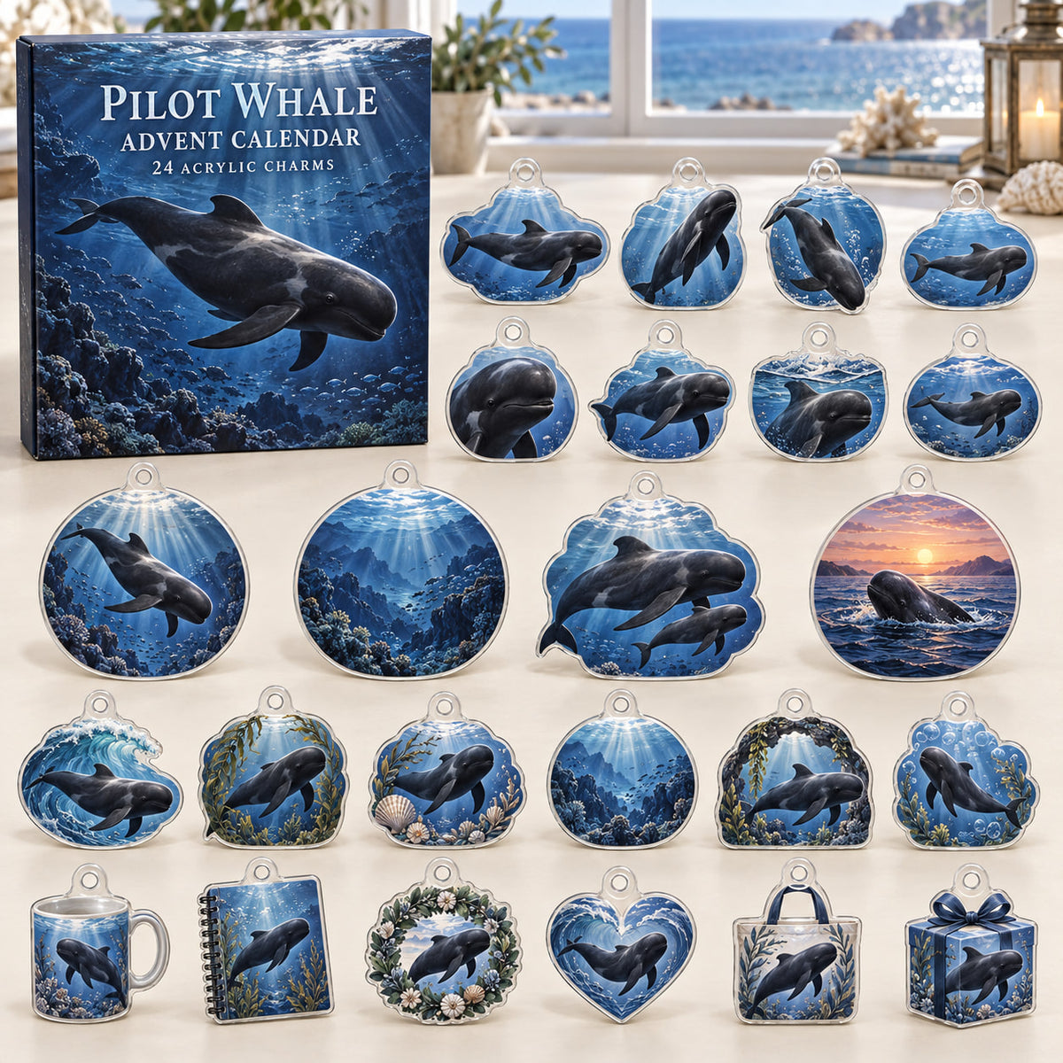 Pilot Whale advent calendar box with 24 themed flat printed acrylic charms
