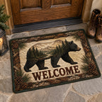 Pine Cabin Bear Welcome doormat with a dimensional printed design in a bear cabin entry setting
