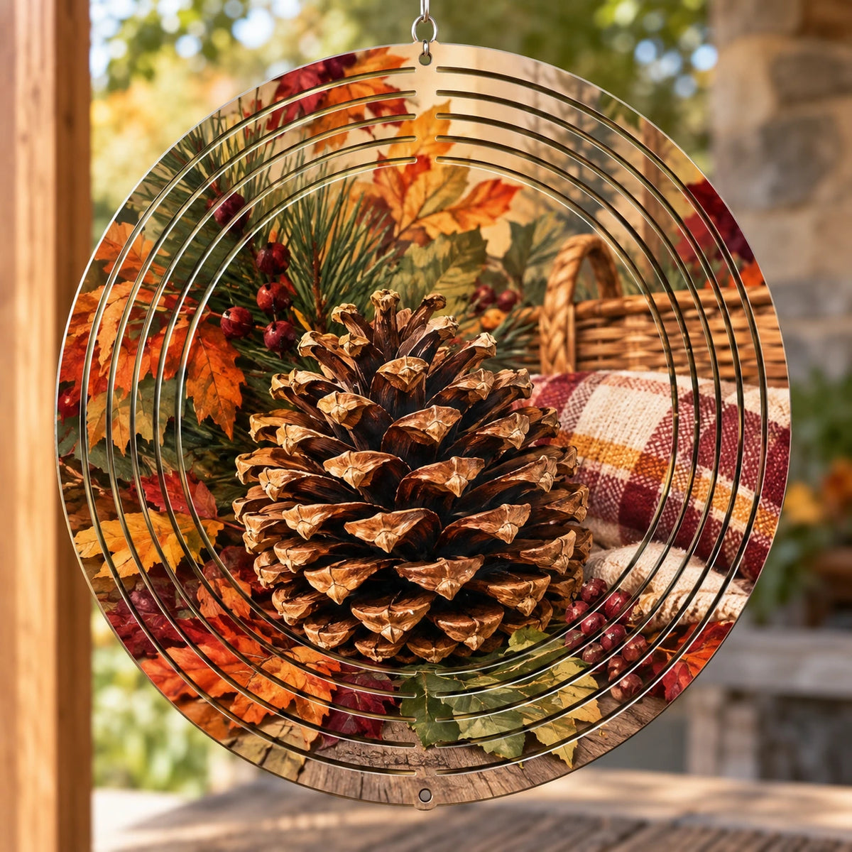 Pine Cone Harvest Gathering Wind Spinner with printed dimensional artwork