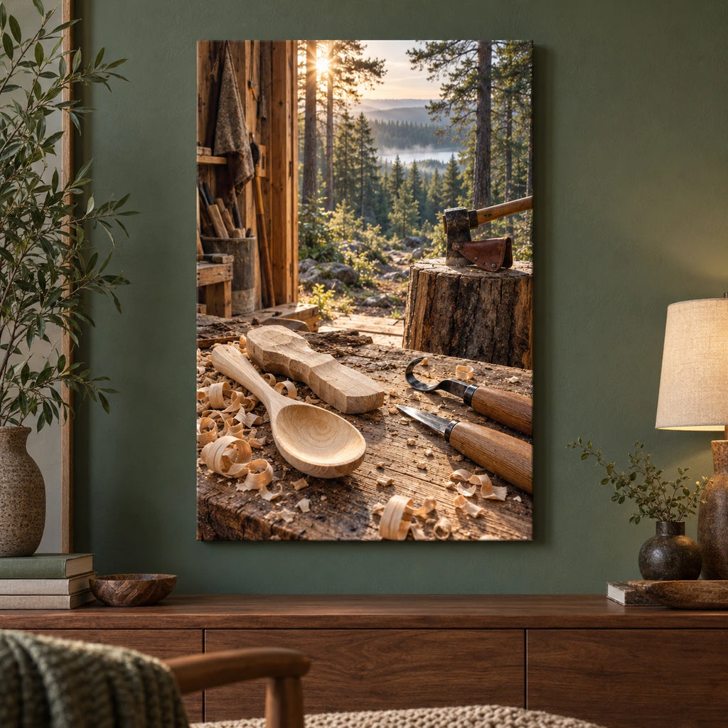Spoon carving bench and deep forest workshop artwork printed on portrait stretched canvas.