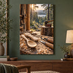 Spoon carving bench and deep forest workshop artwork printed on portrait stretched canvas.