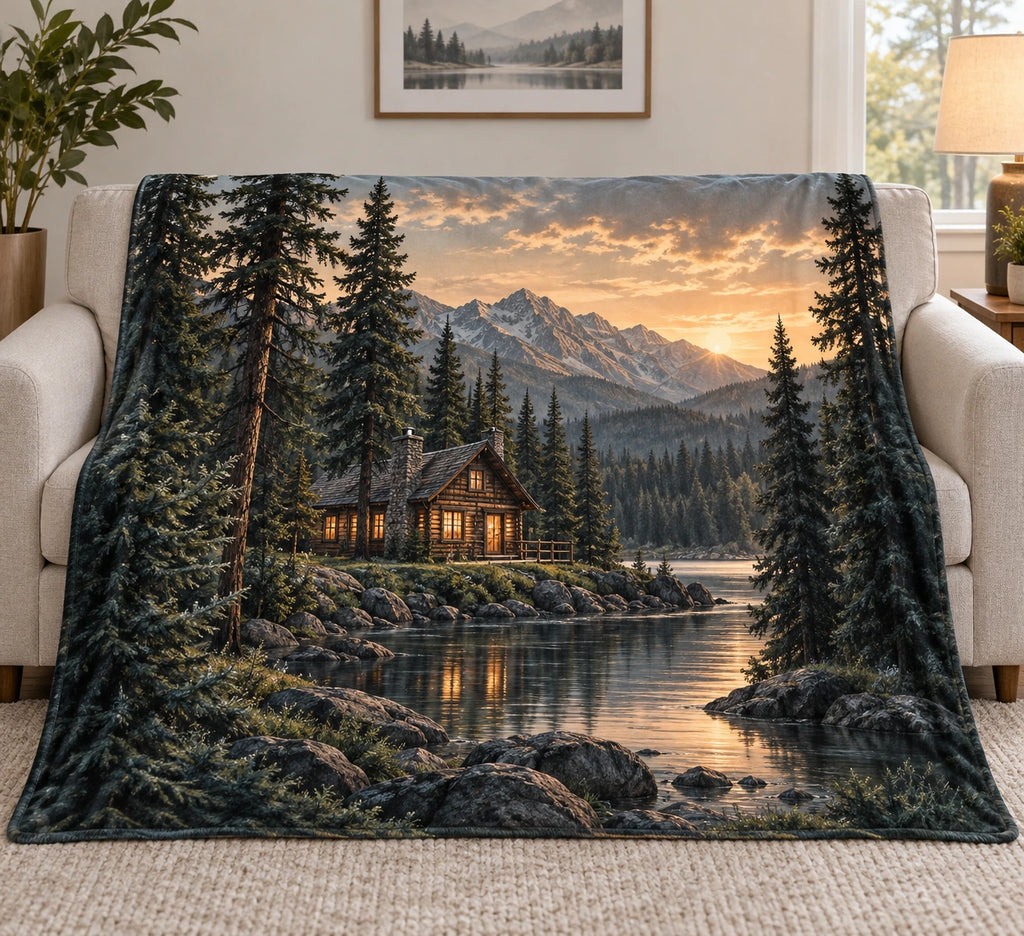Pine Forest Cabin Sunset Ridge Fleece Blanket with printed dimensional artwork
