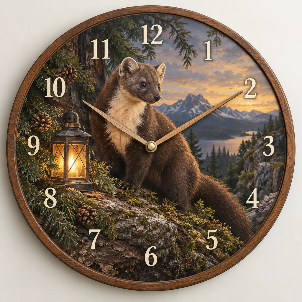 Pine Marten Evergreen Lantern Wooden Wall Clock with printed dimensional artwork