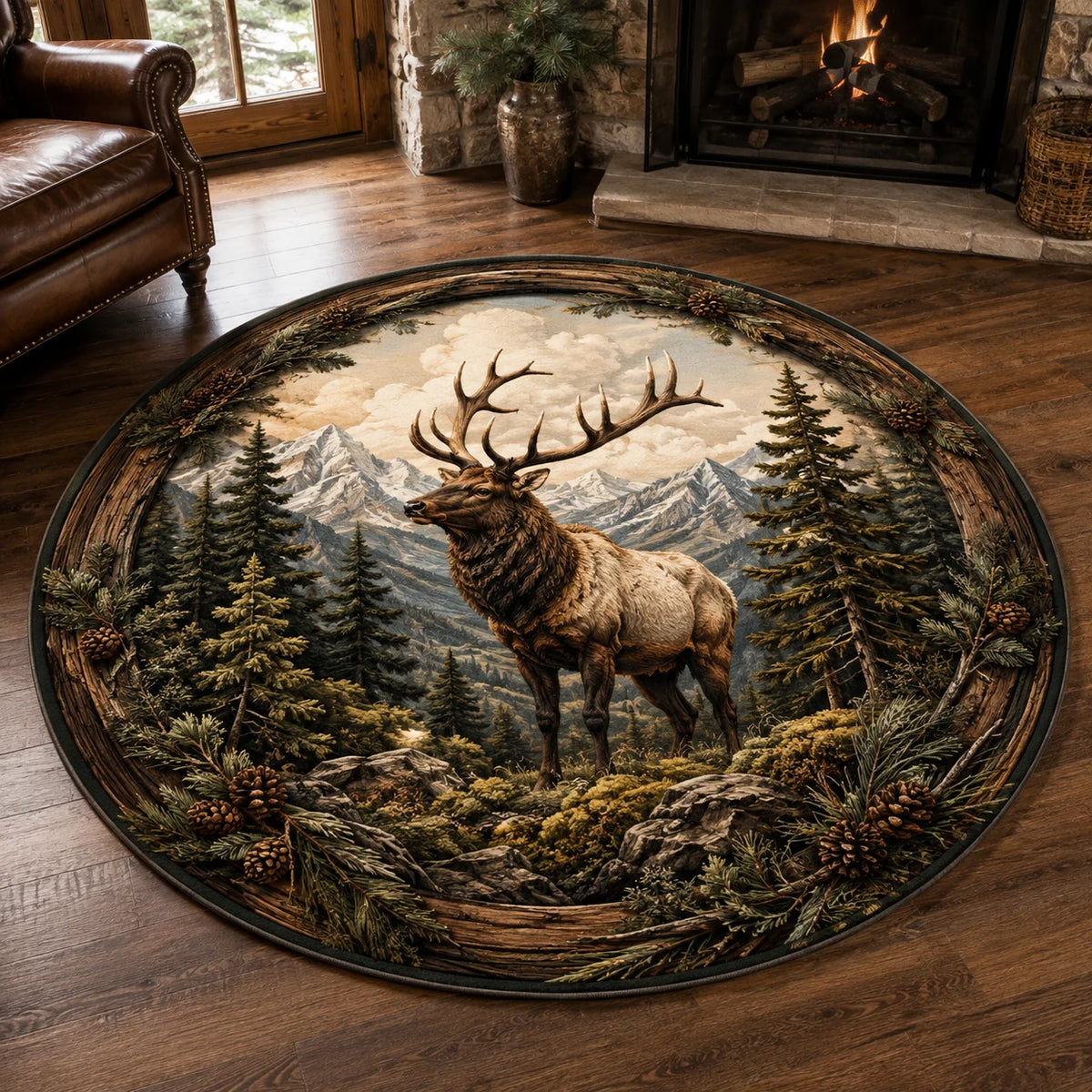Pine Ridge Elk Medallion round mat rug with a dimensional printed design in a elk woodland setting