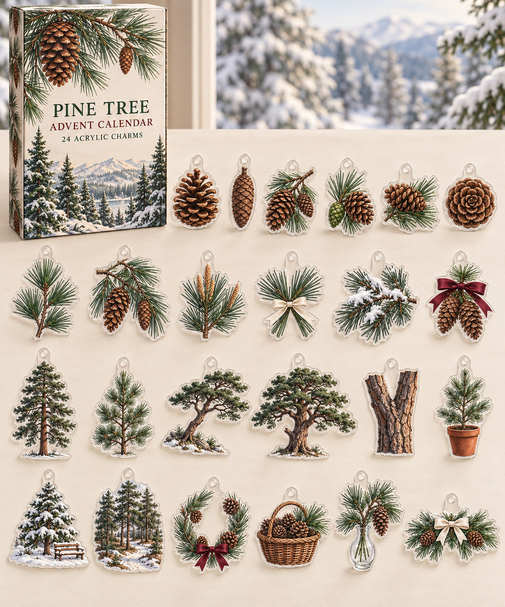 Pine Tree advent calendar with 24 custom-shaped flat acrylic charms and printed dimensional artwork